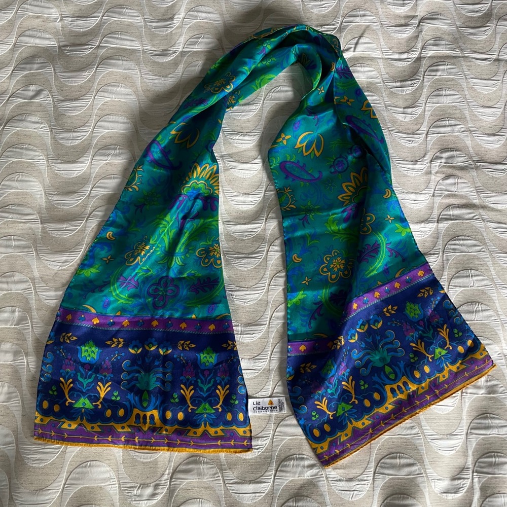 Liz Claiborne Vintage 100% Silk Scarf Teal Blue Purple Paisley Floral Japan